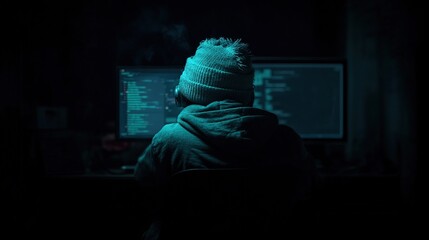 Mysterious programmer working late at night, illuminated by teal computer screen glow.