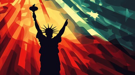 Statue of liberty silhouette holding a torch with a vibrant american flag backdrop