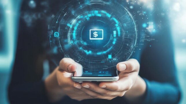 Digital Banking: Person using a smartphone displaying a currency symbol surrounded by a glowing, futuristic interface.