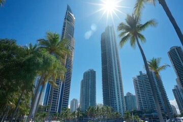 As I gaze up at the towering buildings, palm trees frame the scene beautifully