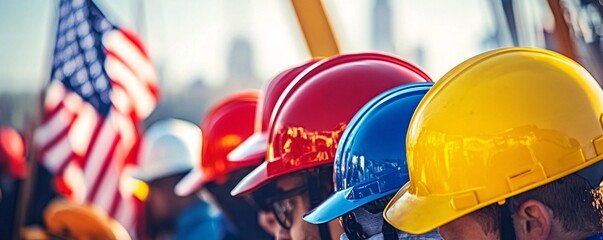 Construction workers wearing colorful hard hats with an american flag waving in the background