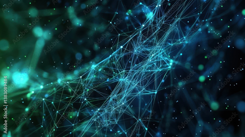 Fototapete A futuristic abstract digital network featuring blue and green connections, visually representing data flow and communication with a dynamic and high-tech design.