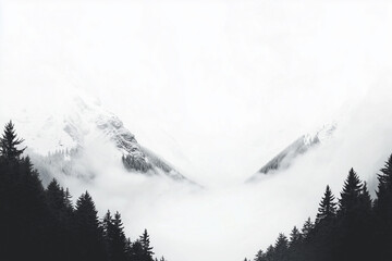 Obraz premium Exploring Mountain Valley Covered in Thick Fog with Pine Tree Forest