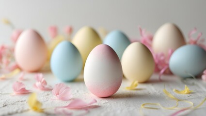 A collection of pastel colored Easter eggs on a textured surface with decorative petals scattered around
