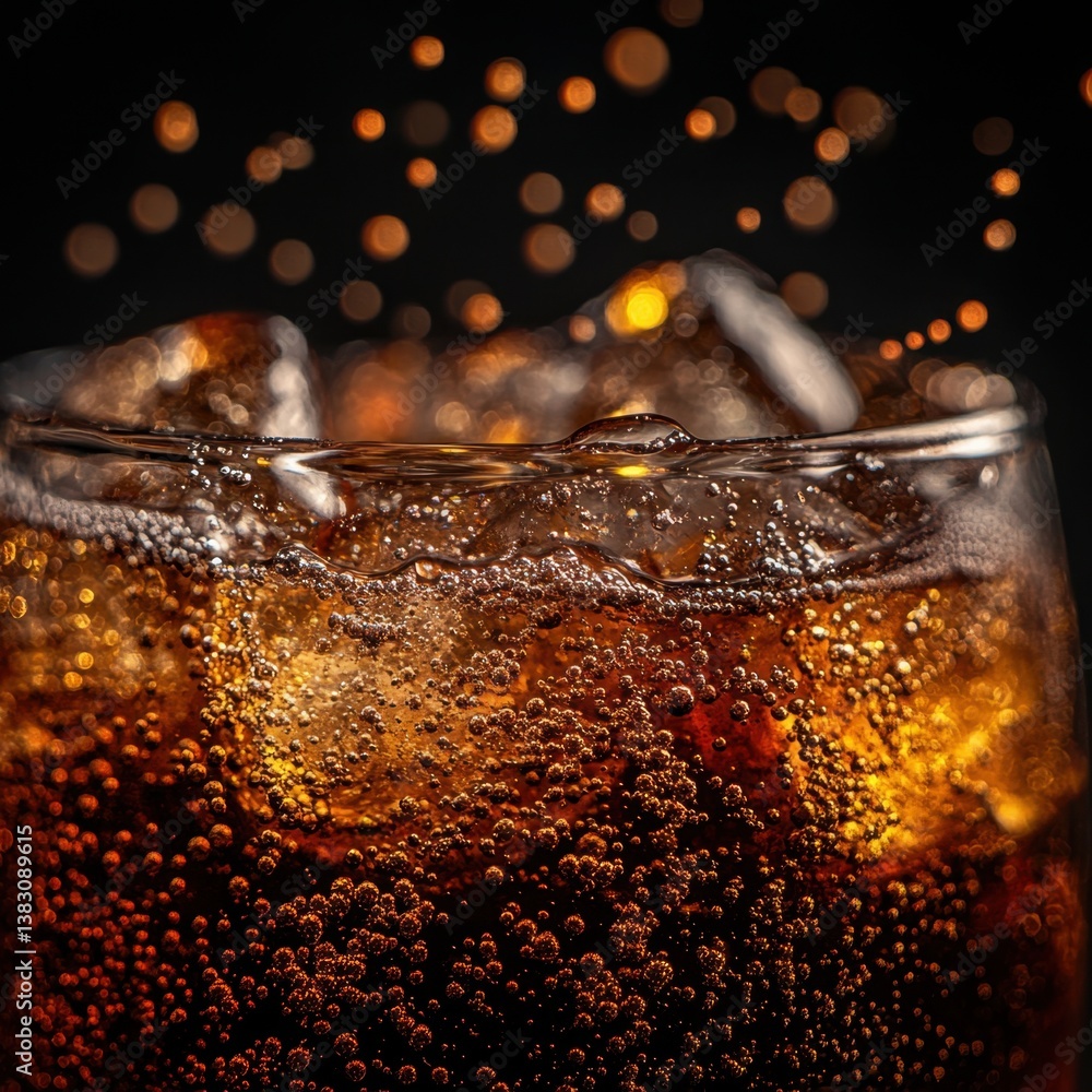 Aufkleber refreshing cola beverage with ice cubes and effervescence against a dark background in a close up sh