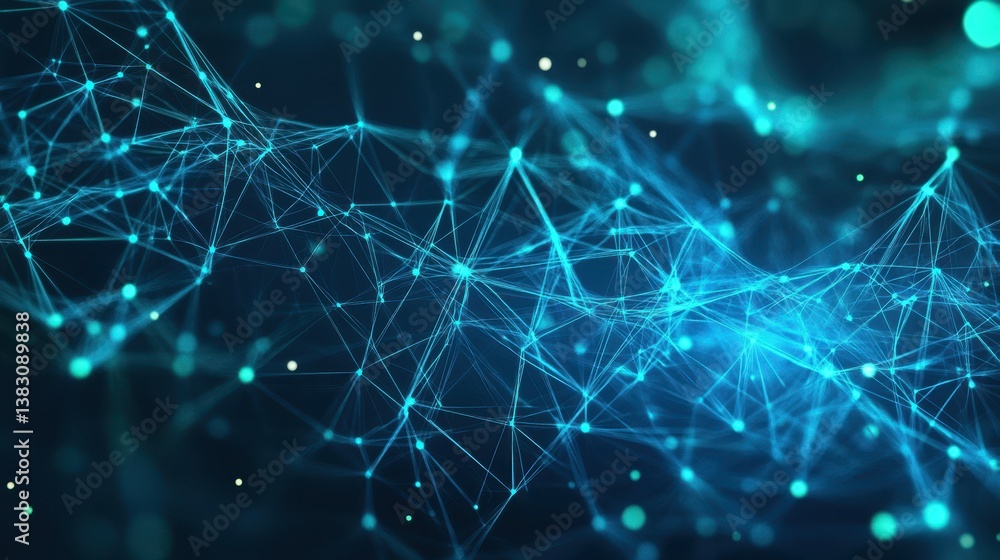 Fototapete A futuristic abstract digital network featuring blue and green connections, visually representing data flow and communication with a dynamic and high-tech design.
