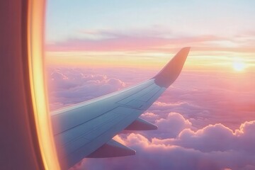 Obraz premium An airplane wing soars high above clouds at a beautiful sunset