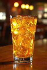 Refreshing glass of amber liquid with ice cubes on a wooden table in a warm restaurant setting capturing the essence of a cool drink