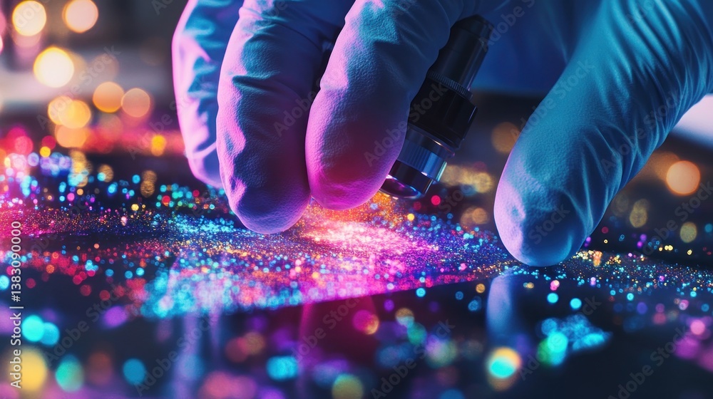 Poster scientist's hand in lab coat manipulating glowing data