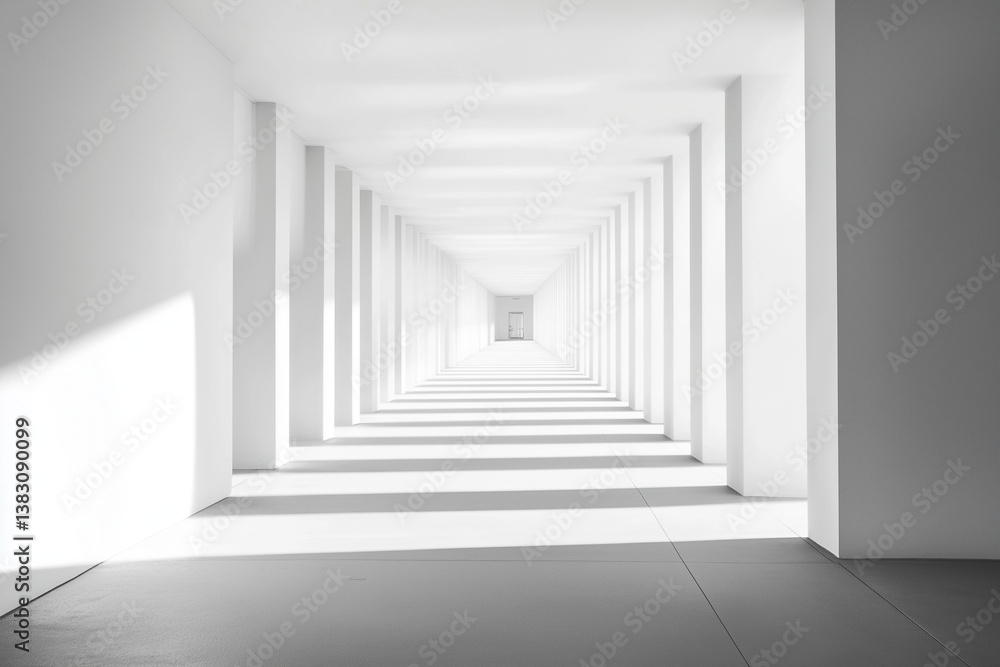 Aufkleber walking through bright white hallway with repeating columns and minimal design