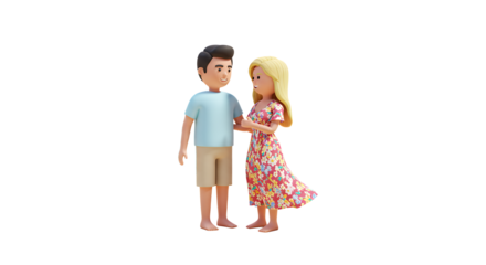 Couple Approaching Each Other with Warm Smiles in Colorful Summer Outfits