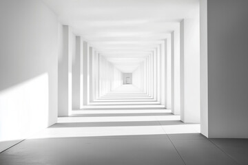 Obraz premium Walking through bright white hallway with repeating columns and minimal design