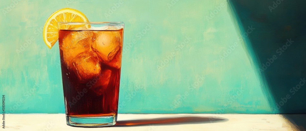 Poster refreshing iced beverage with lemon slice against a bright turquoise backdrop creating a summer mood