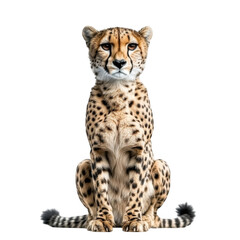 A cheetah sitting upright with its tail visible against a solid black color background in the image