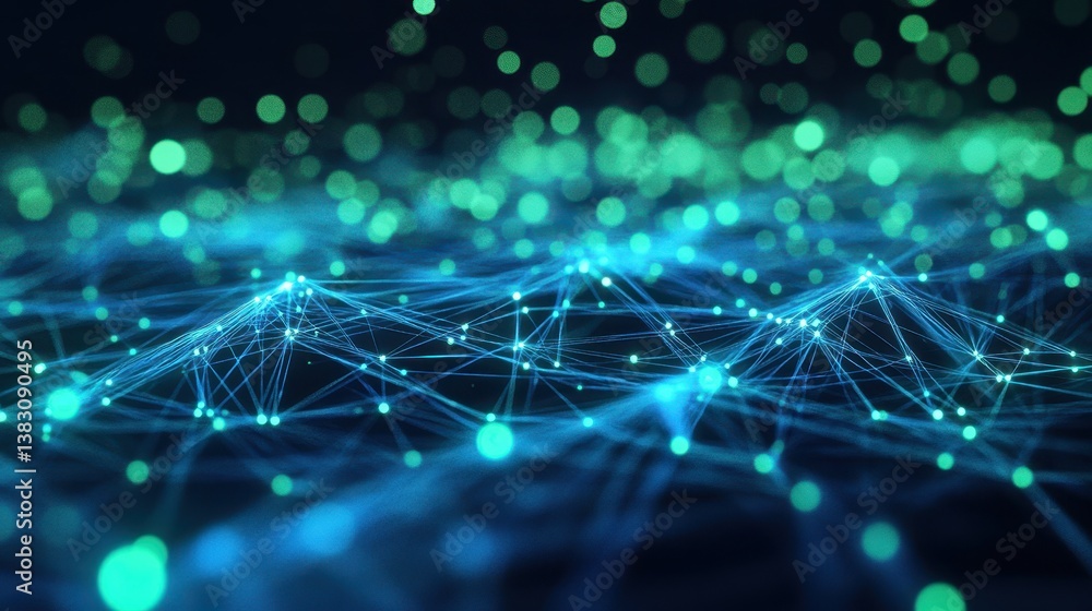 Fototapete A futuristic abstract digital network featuring blue and green connections, visually representing data flow and communication with a dynamic and high-tech design.