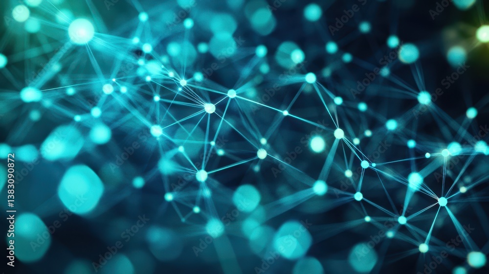 Poster A futuristic abstract digital network featuring blue and green connections, visually representing data flow and communication with a dynamic and high-tech design.
