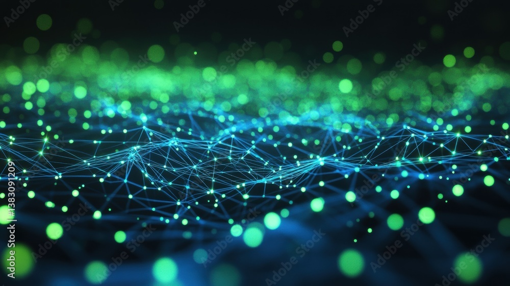 Poster A futuristic abstract digital network featuring blue and green connections, visually representing data flow and communication with a dynamic and high-tech design.
