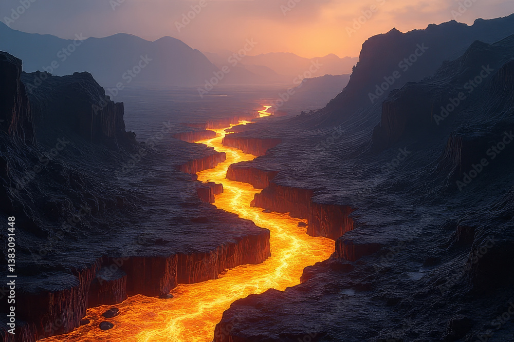 Poster the image shows a river running through a desert landscape with mountains in the background. the riv