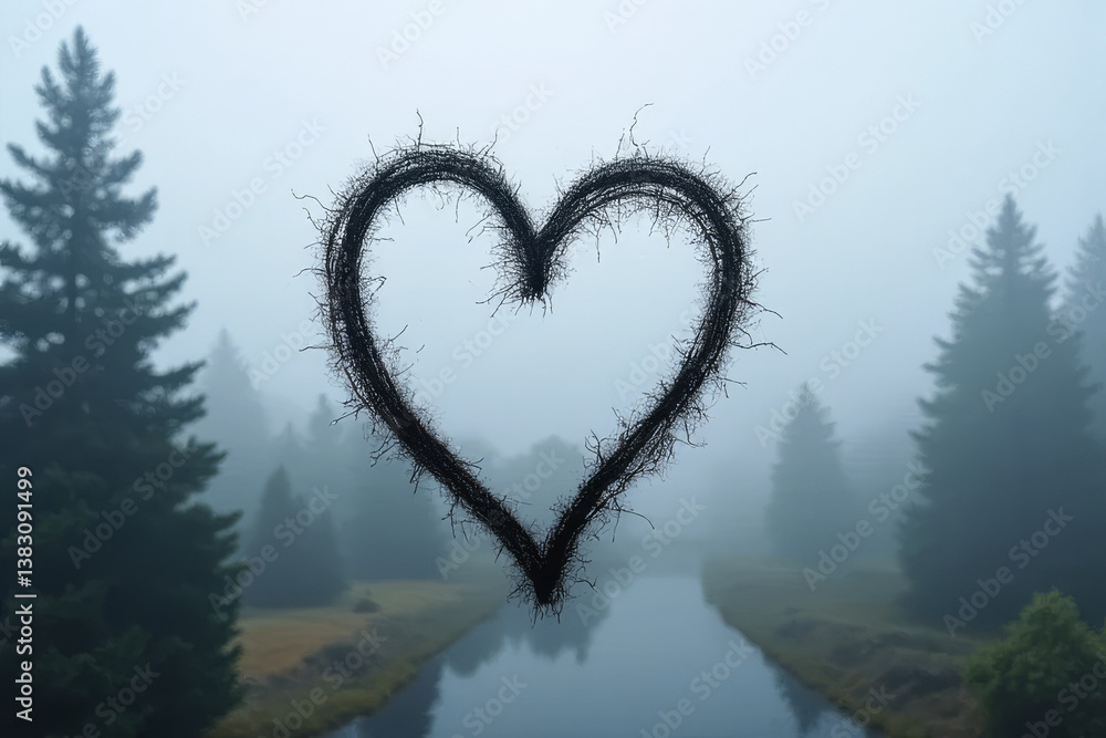 Poster the image shows a heart made out of twigs in the middle of a foggy forest