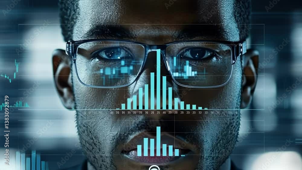 Poster close up portrait of a serious black it professional wearing glasses. working on cyber security. usi