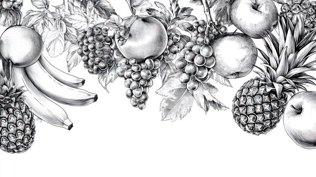 Pencil sketch of assorted fruits; banner, website, menu
