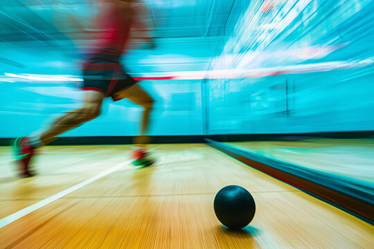 Blurred motion of squash player lunging indoors toward black ball, intense racquet sport action for speed, training, and fitness visuals in athletic advertising