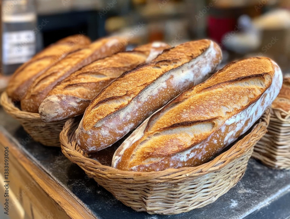 Poster Golden Baguettes in Wicker Baskets Displayed on Dark Countertop at Local Bakery with Warm Lighting and Shallow Depth of Field