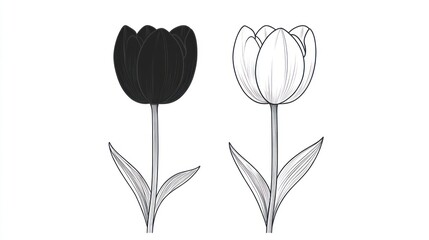 Black and white tulips, simple line drawing, isolated, botanical illustration, design element