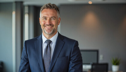 Obraz premium Modern portrait headshot of a friendly ceo executive business worker: A confident, middle-aged businessman in a navy suit smiles directly at the camera in a modern office setting.