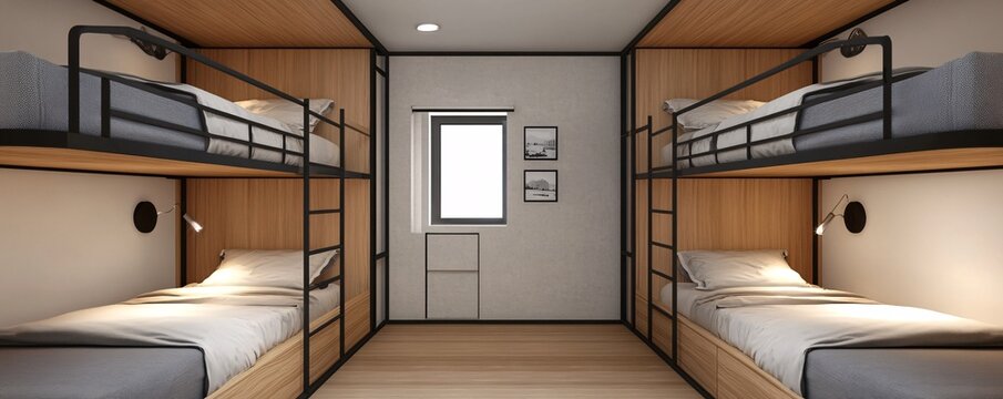 Empty modern hostel room interior with metallic bunk beds, wooden walls and floor - Powered by Adobe