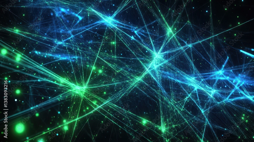 Poster A futuristic abstract digital network featuring blue and green connections, visually representing data flow and communication with a dynamic and high-tech design.