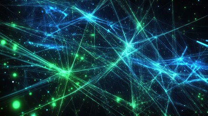 Fototapeta premium A futuristic abstract digital network featuring blue and green connections, visually representing data flow and communication with a dynamic and high-tech design.