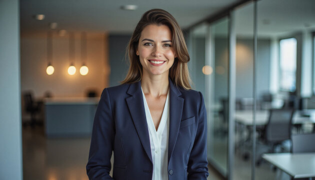 Modern portrait headshot of a friendly ceo executive business worker: A confident businesswoman smiles directly at the camera while standing in a modern office lobby.