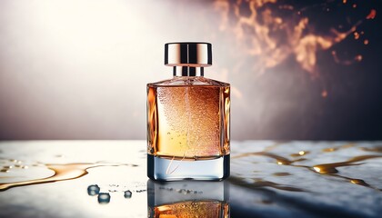 A luxurious perfume bottle made of crystal-clear glass, elegantly placed on a reflective, promotional, advertising, poster, fashion