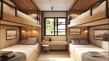 Sunlit cozy and modern bedroom interior with bunk beds