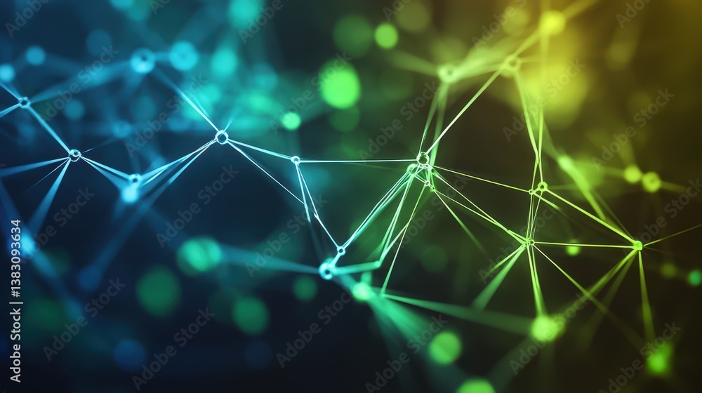 Poster A futuristic abstract digital network featuring blue and green connections, visually representing data flow and communication with a dynamic and high-tech design.