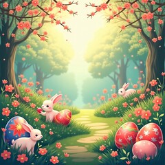 "Charming Spring  Bunnies with Colorful Eggs in a Blooming Spring Meadow"