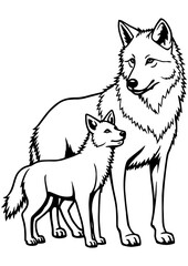 Obraz premium A black and white vector illustration of a wolf with a cub, baby wolf, perfect for engraving, laser cutting, printing, and creative projects.