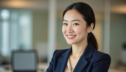 Fototapeta premium Modern portrait headshot of a friendly ceo executive business worker: A smiling Asian businesswoman in a navy blue suit confidently looks at the camera in a modern office setting.