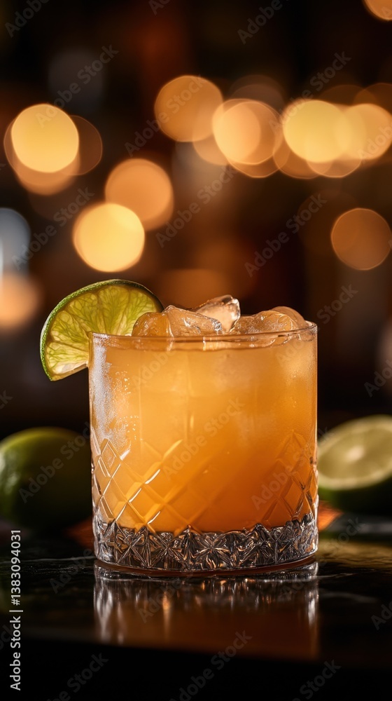 Poster refreshing cocktail with ice and lime garnish on a dark bar top with blurred lights creating a warm 
