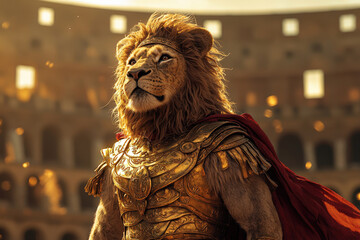 Lion in ancient armor stands proud in a grand coliseum during golden hour