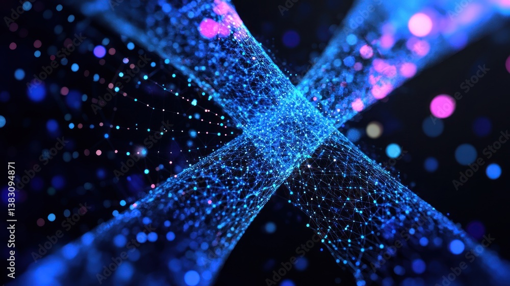 Poster abstract digital threads intersecting in dark space