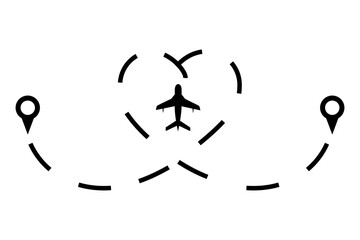 A flat airplane flight route symbol is isolated on a transparent background. For web, infographics, signs, or app design. Plane route lines of aircraft tracking, location map pins, planes, travel.