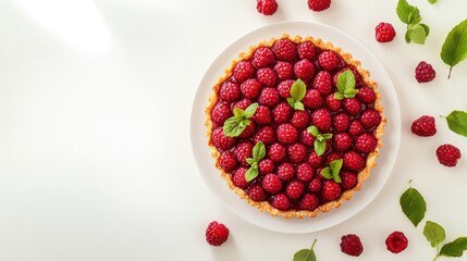 Overhead shot of a delicious raspberry tart on a white plate surrounded by fresh raspberries and mint leaves on a clean white background