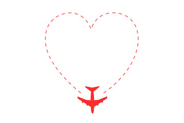 Flat airplane heart route symbol is isolated on a transparent background. For web, infographics, signs, or app design. Plane route lines of aircraft tracking, location map pins, planes, travel.