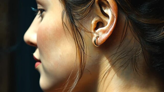 A highly detailed painting of a woman's ear and profile with dark hair.