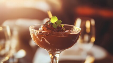 Induent Close-Up of Rich Chocolate Mousse Dessert in a Stemmed Glass with Chocolate Shavings and Fresh Herbs on a Fine Dining Table Setting