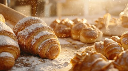 Golden-brown croissants and pastries dusted with powdered sugar on a rustic wooden surface illuminated by warm sunlight and suspended flour particles