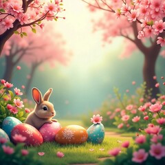 "Charming Spring  Bunnies with Colorful Eggs in a Blooming Spring Meadow"
