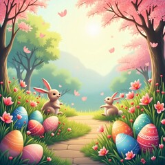 "Charming Spring  Bunnies with Colorful Eggs in a Blooming Spring Meadow"